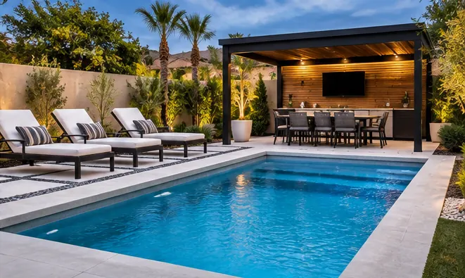 Pergola — Optima pool with full-width entry steps and a vivid blue interior in Las Vegas